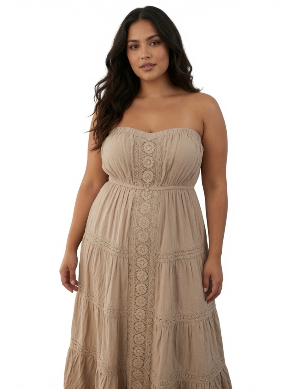 Justify Strapless Tiered Lace-Trim Maxi Dress in Taupe